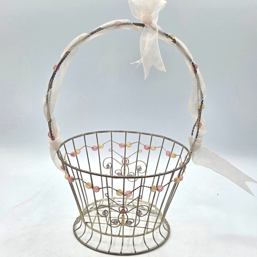 Vintage Silver Color Wire Metal Pastel Beaded Easter Basket Butterflies